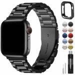 Fullmosa Compatible Apple Watch Band 42mm 44mm 45mm, Stainless Steel iWatch Band with Case for iWatch Ultra 2 Ultra SE2 SE Series 9 8 7 6 5 4 3 2 1, 42mm 44mm 45mm Black(Watch not Included)