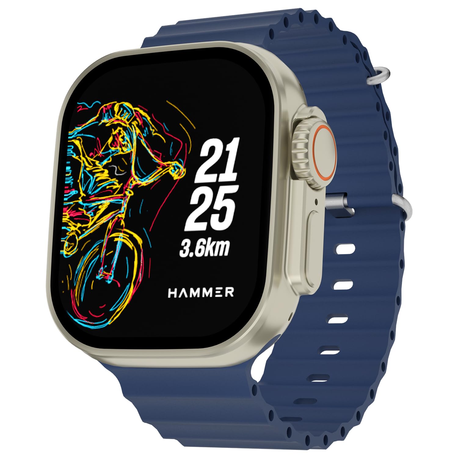 HAMMER Active 2.0 Plus 2.1″ HD Display Smart Watch with Gesture Control, Bluetooth Calling, DIY Watch Face Studio, Sports Modes, Functional Crown, Dynamic Island Notification, Menstrual Cycle (Blue)