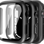 QHOHQ Polycarbonate Tempered Glass, 2 Pack Hard PC Case for Smartwatches Compatible with Apple Watch Series 8 45mm & Series 7 45mm, Full Coverage, Touch Sensitive, Ultra-Thin HD Bumper – Black