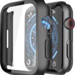 Meyaar Hard PC Case Compatible with Apple Watch Series 10 9 8 7 Ultra 2, with Tempered Glass Screen Protector, Protective Cover for 41mm 42mm 45mm 46mm 49mm (Black, for Series 7/8 45mm)