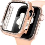 AMiRiTE ADW03 Case Bumper Cover with Tempered Glass Screen Protector Compatible with Apple iWatch Bling Diamond Rhinestone Case for All Watch Series (45MM, ROSE GOLD – DIAMOND)