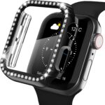 FOLX FAB25 Apple Diamond Watch Case with Glass Screen Protector Compatible with Apple iWatch Series 7/6/5/4/3/2/1/SE, Bling Crystal Diamond Rhinestone for Women Girls iWatch (45MM, Black)