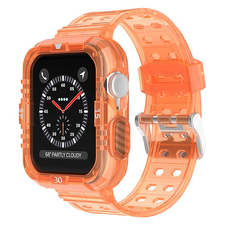 GLAMYOURS Bands Compatible with Apple Watch 45mm 44mm 42mm 41mm 40mm 38mm Rugged Case with TPU Strap Protective Tough Bumper for iWatch SE2/SE/9/8/7/6/5/4/32/1 (Orange Clear, 38mm/40mm/41mm)