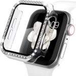 FOLX FAB25 Apple Diamond Watch Case with Glass Screen Protector Compatible with Apple iWatch Series 7/6/5/4/3/2/1/SE, Bling Crystal Diamond Rhinestone for Women Girls iWatch (44MM, Transparent)