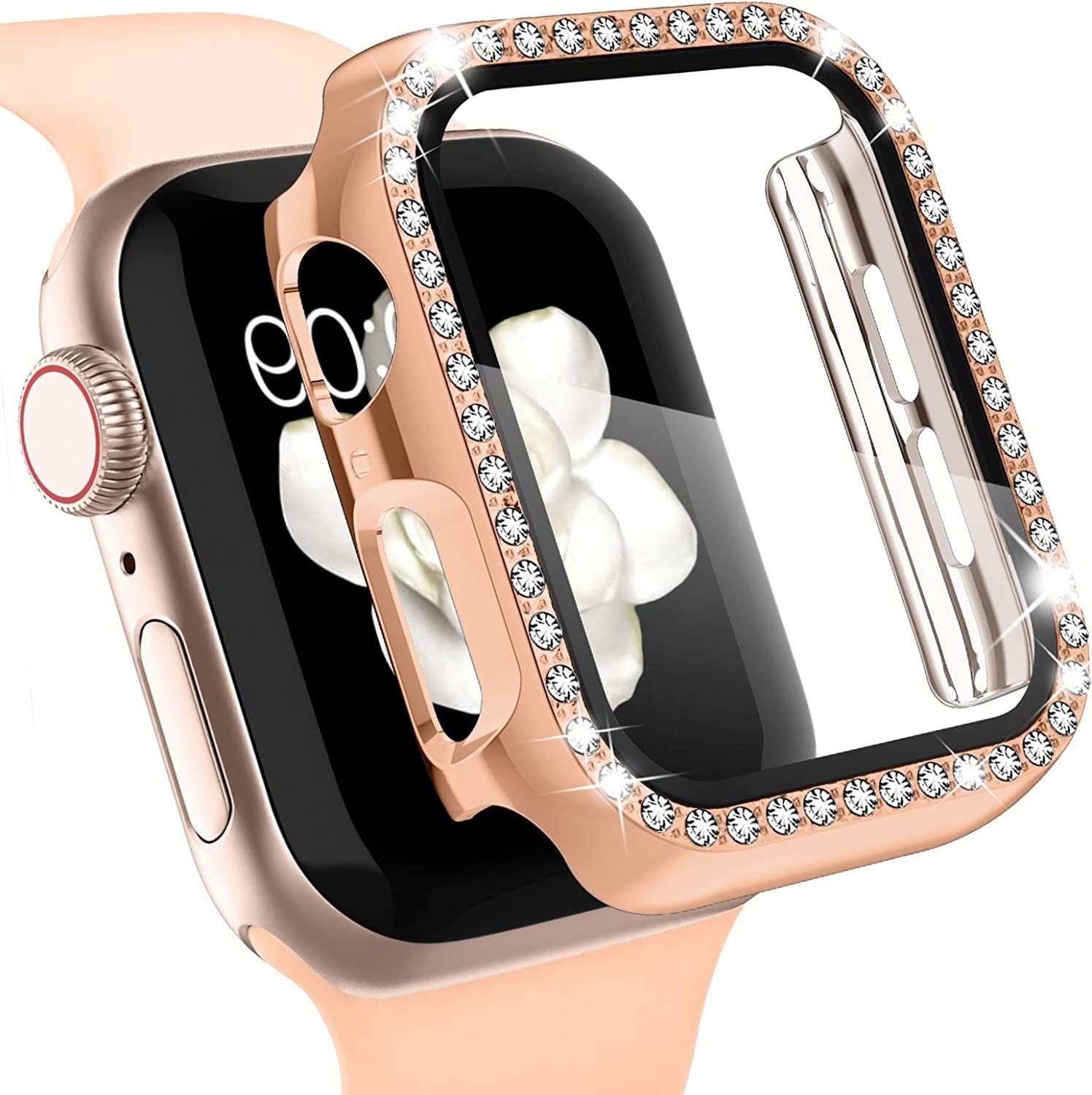 FOLX FDC01 Bling Diamond Rhinestone Case Bumper Cover with Built-in 9H Tempered Glass Screen Protector Compatible with Apple Watch Case for iWatch Series 6/5 / 4 / SE (45MM, Rose Gold- Diamond)